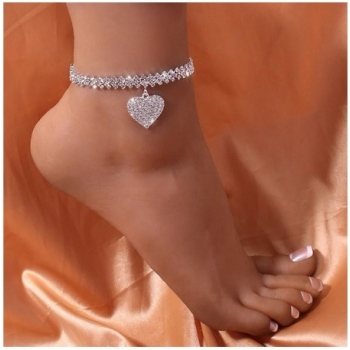 Bransoletka na nogę B116 srebrna serduszko kryształy, cyrkonie