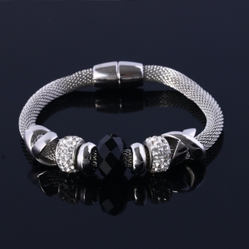 Bransoletka B398 srebrna, magnetyczna czarny kryształ